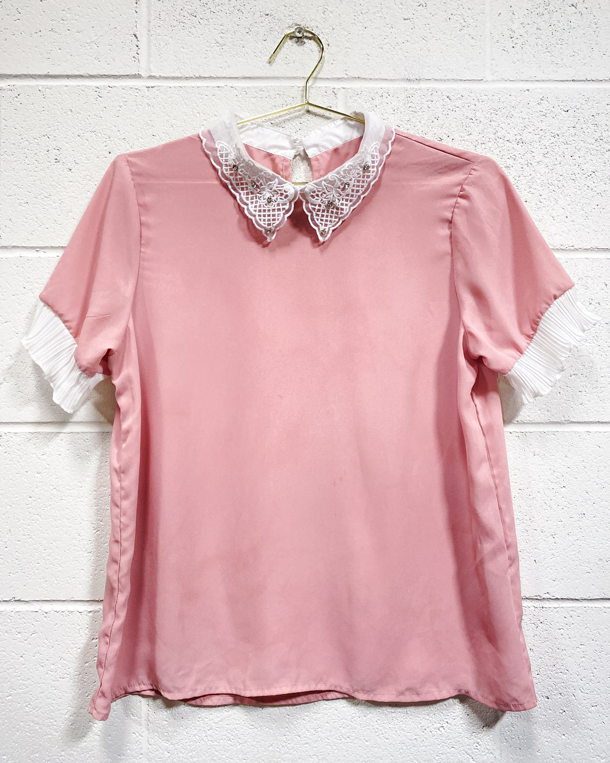Pink Blouse with Sheer Collar (L)