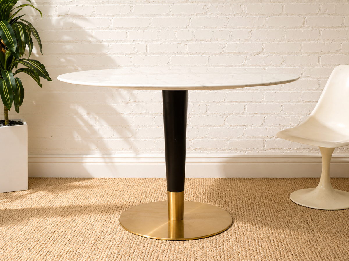 Modern Oval Faux Marble Dining Table with Black and Brass Pedestal Base