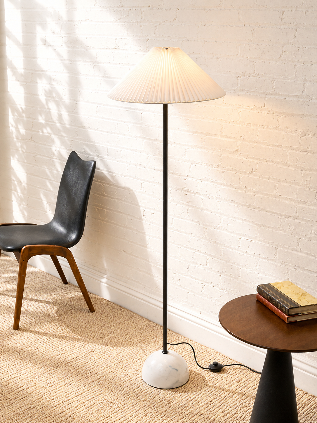 Modern Black Floor Lamp with White Pleated Shade and Marble Base