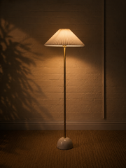 Modern Brass Floor Lamp with White Pleated Shade and Marble Base