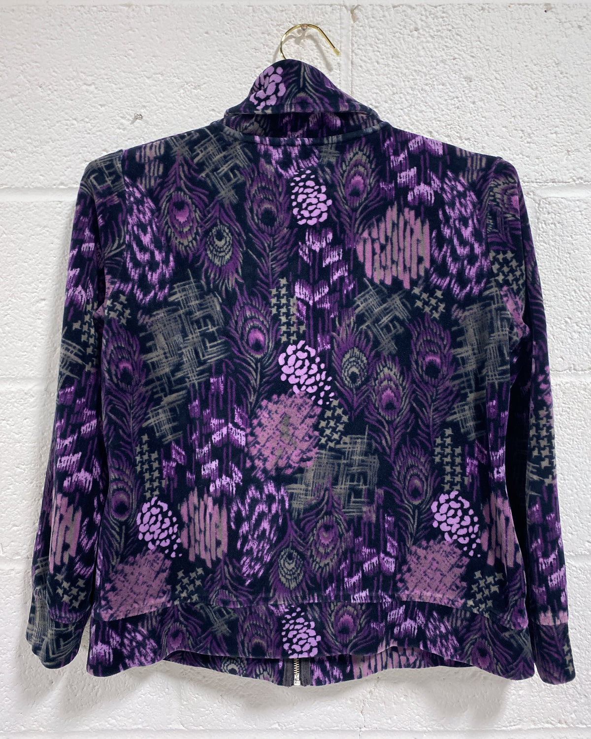 Vintage Velour Sweater with Peacock Feather Motif (M)