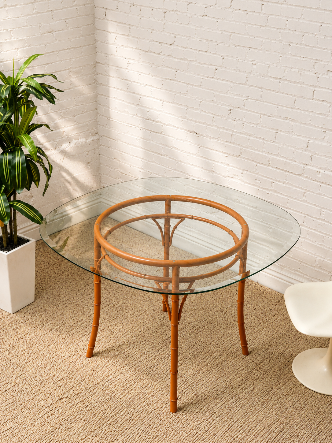 Vintage Bamboo-Style Orange Round Dining Table with Glass Top