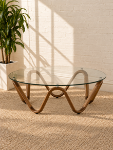 Amalia Wave Base Glass Coffee Table in Walnut