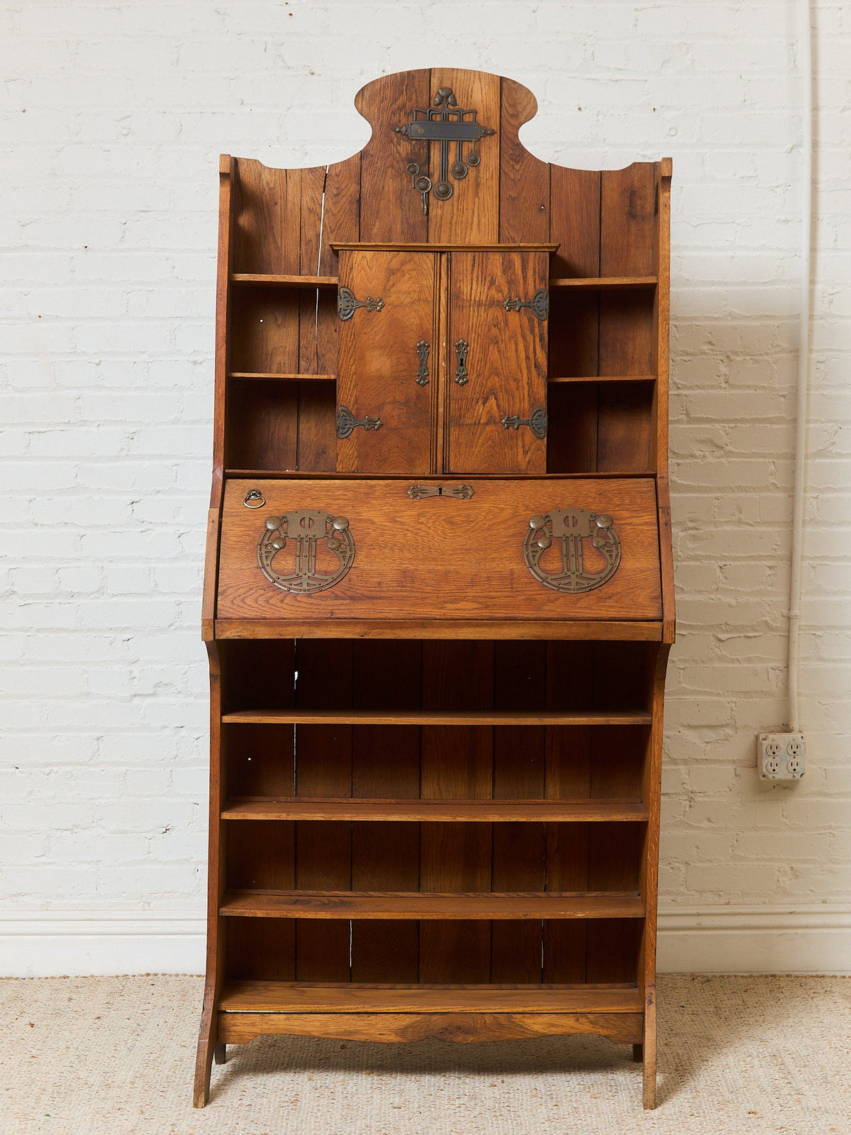 Rare Antique Arts and Crafts Style Oak Secretary Bookcase