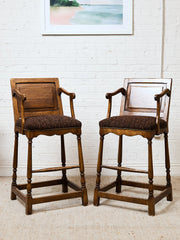 Vintage Wood Bar Stools with Upholstered Seats, Classic Transitional Pair