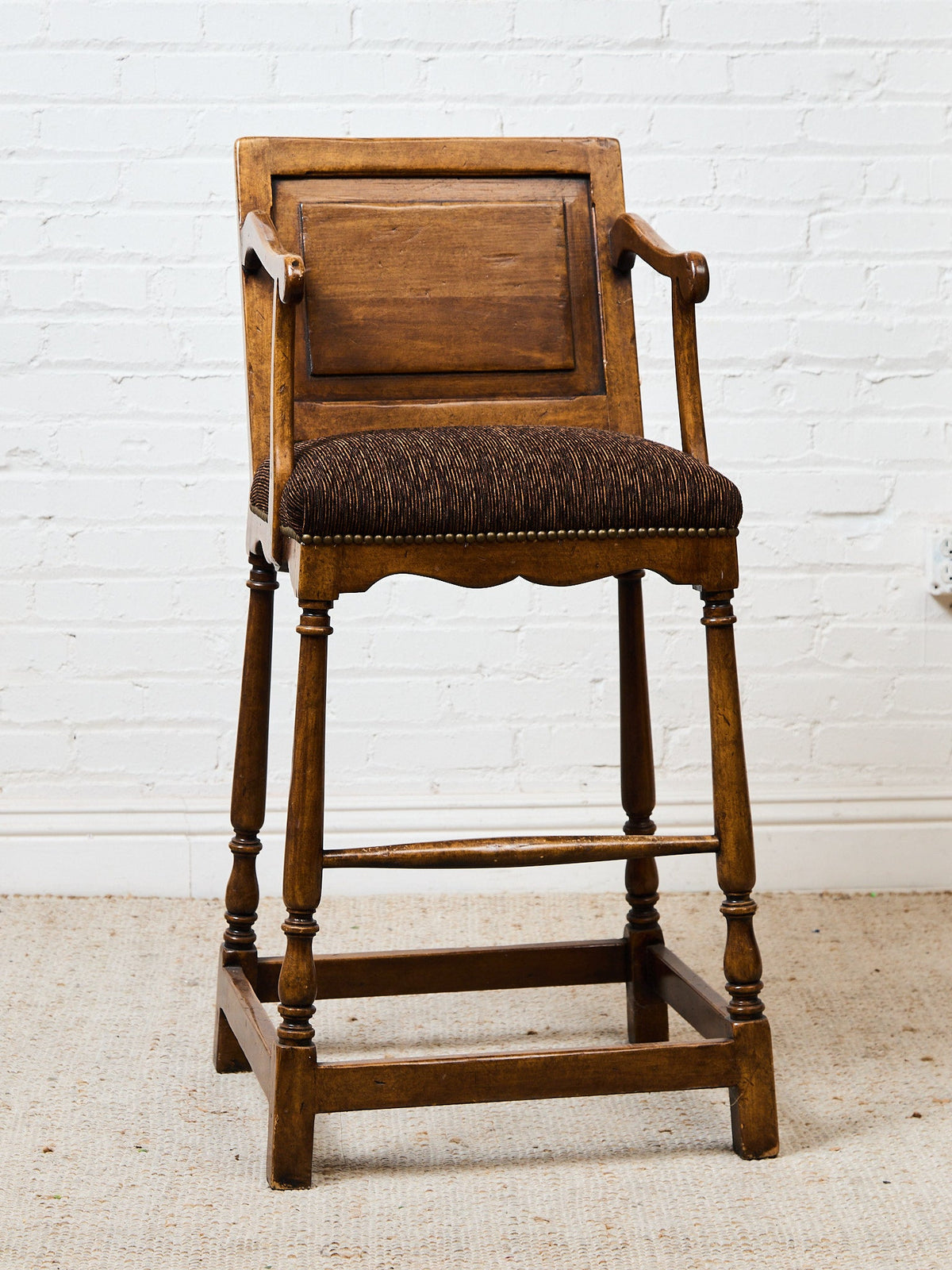 Vintage Wood Bar Stools with Upholstered Seats, Classic Transitional Pair