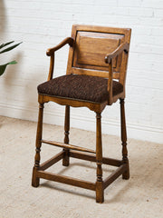 Vintage Wood Bar Stools with Upholstered Seats, Classic Transitional Pair