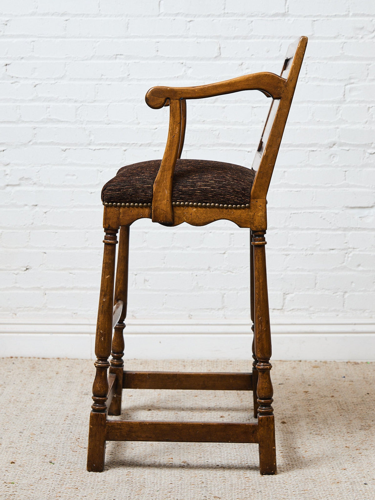 Vintage Wood Bar Stools with Upholstered Seats, Classic Transitional Pair