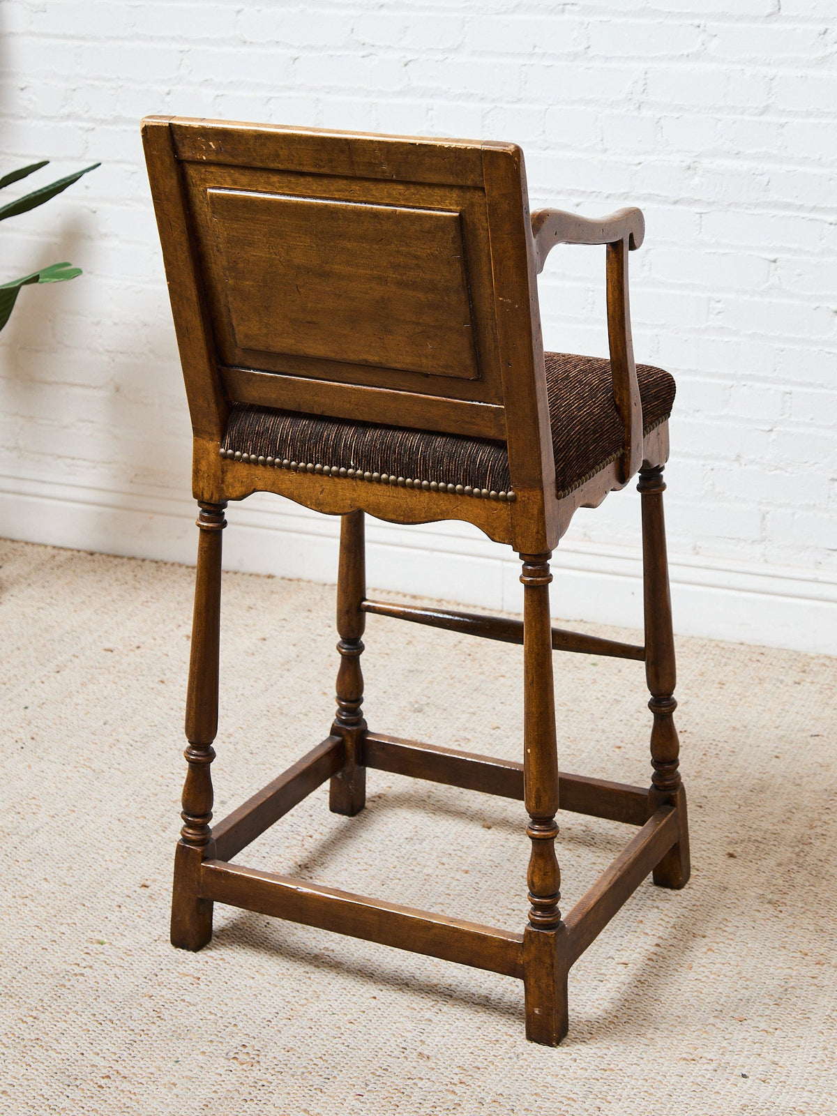 Vintage Wood Bar Stools with Upholstered Seats, Classic Transitional Pair