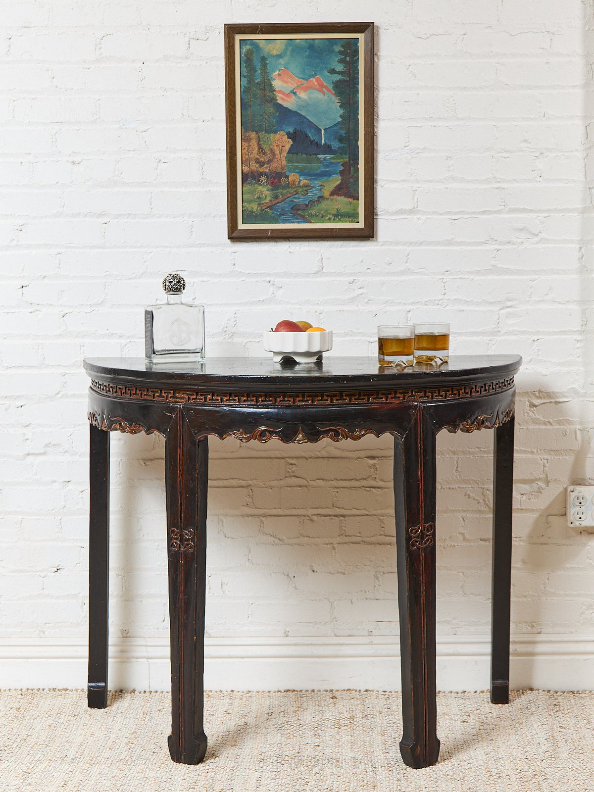 Antique Chinese Black Lacquer Demi-Lune Console Table