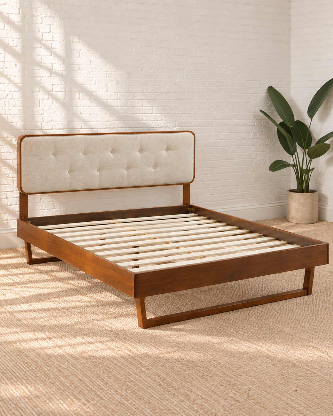 Colette Walnut Angular-Frame Full Size Bed in Ivory Beige