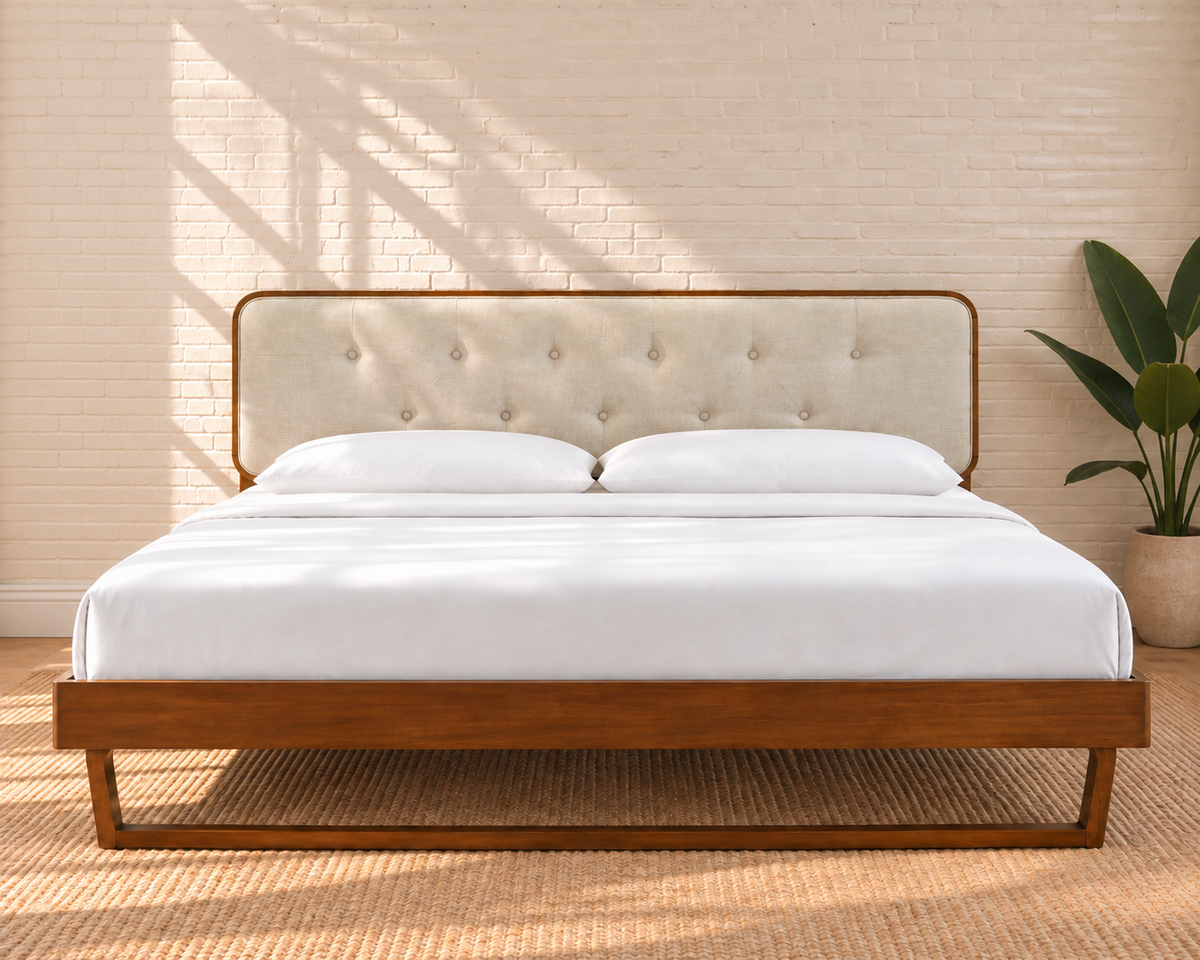 Colette Walnut Angular-Frame King Size Bed in Ivory Beige
