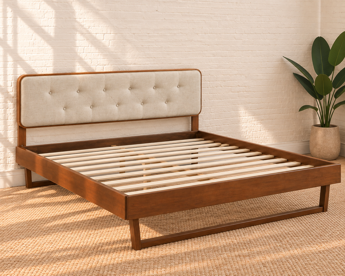 Colette Walnut Angular-Frame Queen Size Bed in Ivory Beige