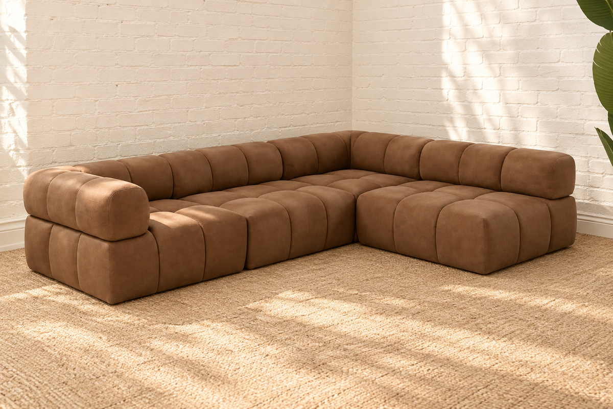 1970’s Style Four-Piece Sectional Sofa in Congac Brown leather