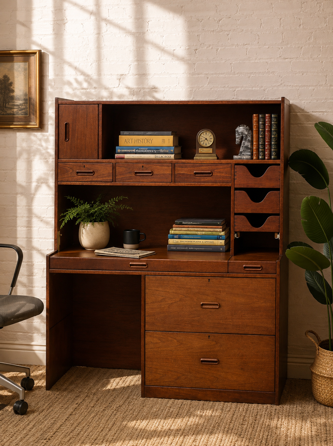 Vintage Mid-Century Modern Teak Secretary Desk with Fold-Down Writing Surface
