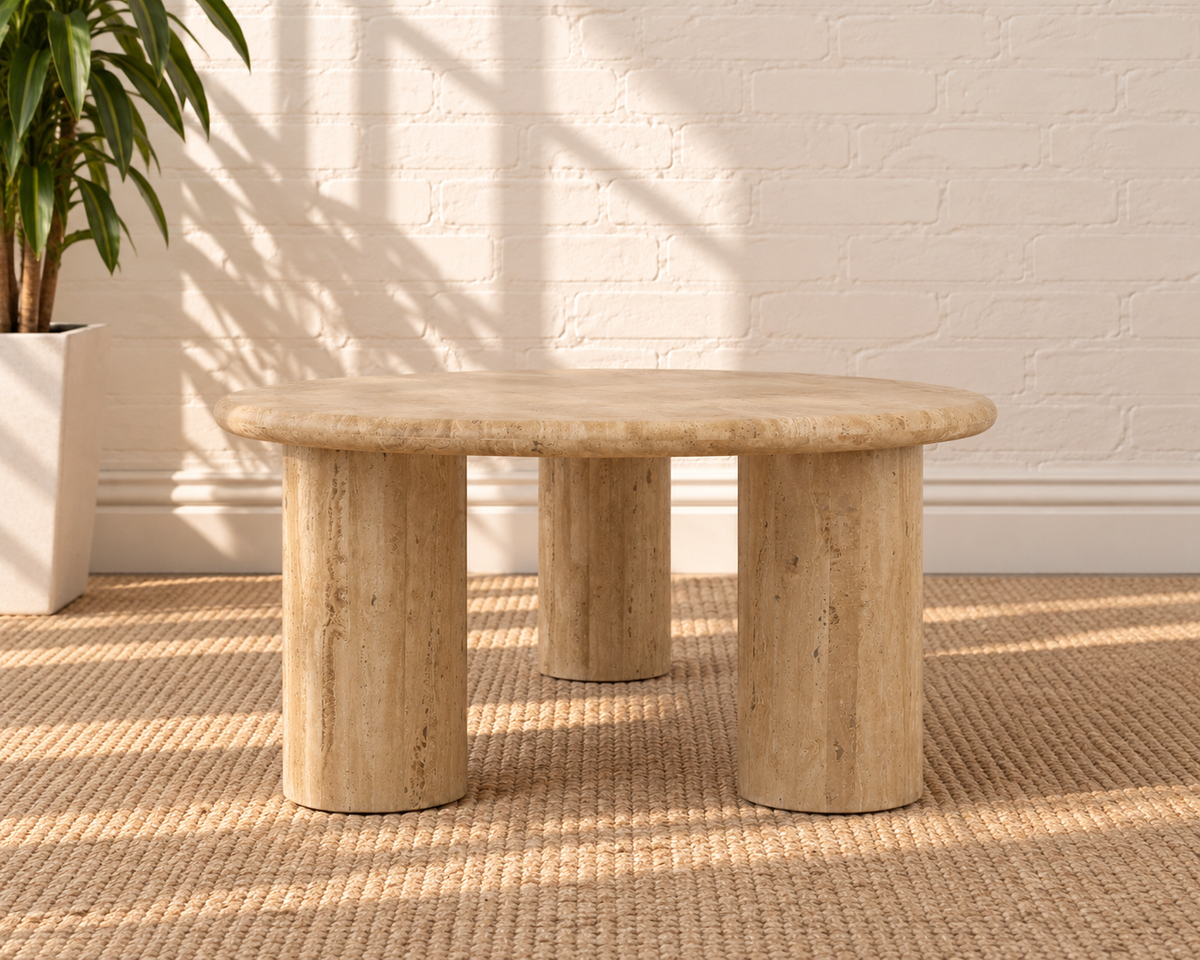 Eisley Triple Pedestal Travertine Coffee Table