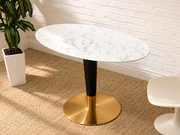 Modern Oval Faux Marble Dining Table with Black and Brass Pedestal Base