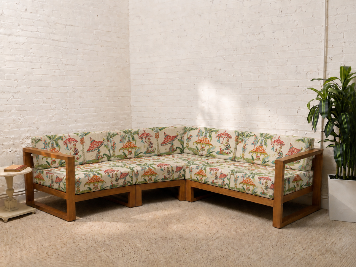 Modern Outdoor Wood Frame Sectional Sofa with White Cushions