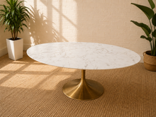 Daisy Modern Oval Marble Dining Table with Brass Tulip Pedestal Base