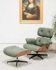 Sage Green Leather Iconic Chair and Ottoman