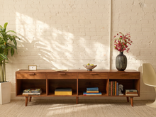 Boston Handcrafted, Walnut Low Credenza with Drawers and Open Storage