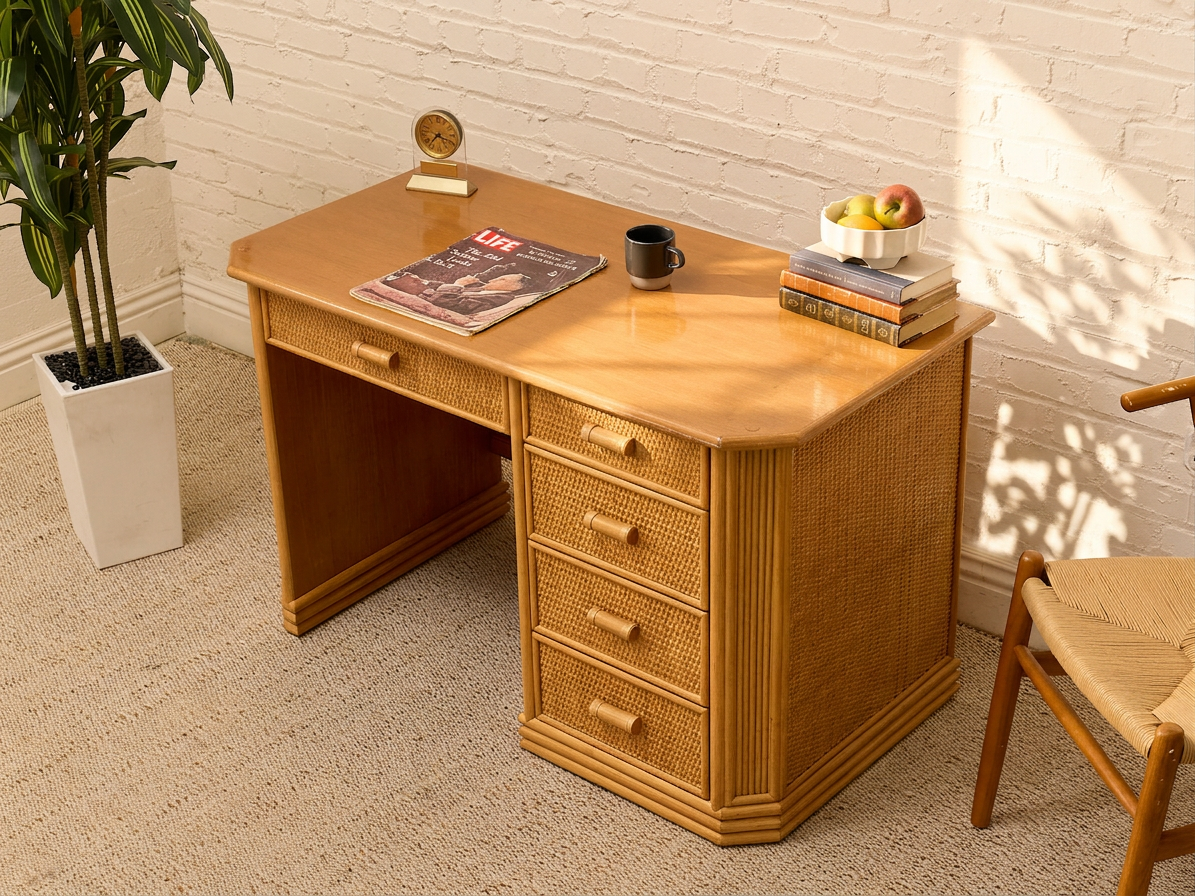 Vintage Coastal Rattan Writing Desk with Woven Drawer Fronts
