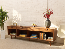 Boston Handcrafted, Walnut Low Credenza with Drawers and Open Storage