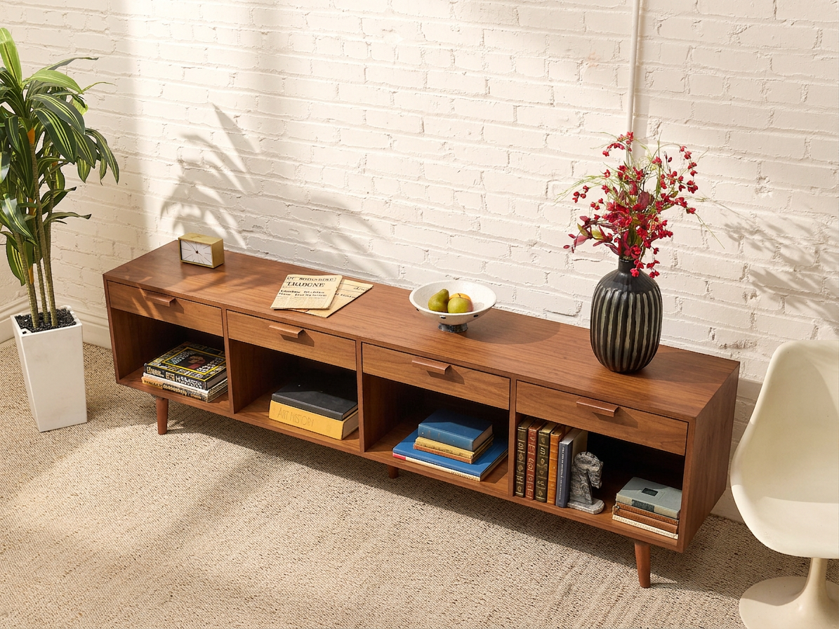 Boston Handcrafted, Walnut Low Credenza with Drawers and Open Storage