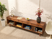 Boston Handcrafted, Walnut Low Credenza with Drawers and Open Storage