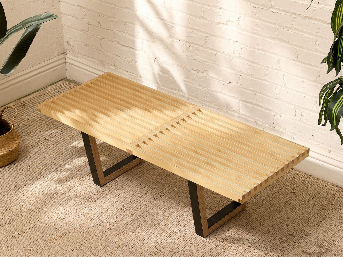 Handmade Modern Slatted Wood Bench with Sculptural Base