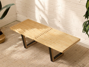 Handmade Modern Slatted Wood Bench with Sculptural Base