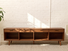 Boston Handcrafted, Walnut Low Credenza with Drawers and Open Storage