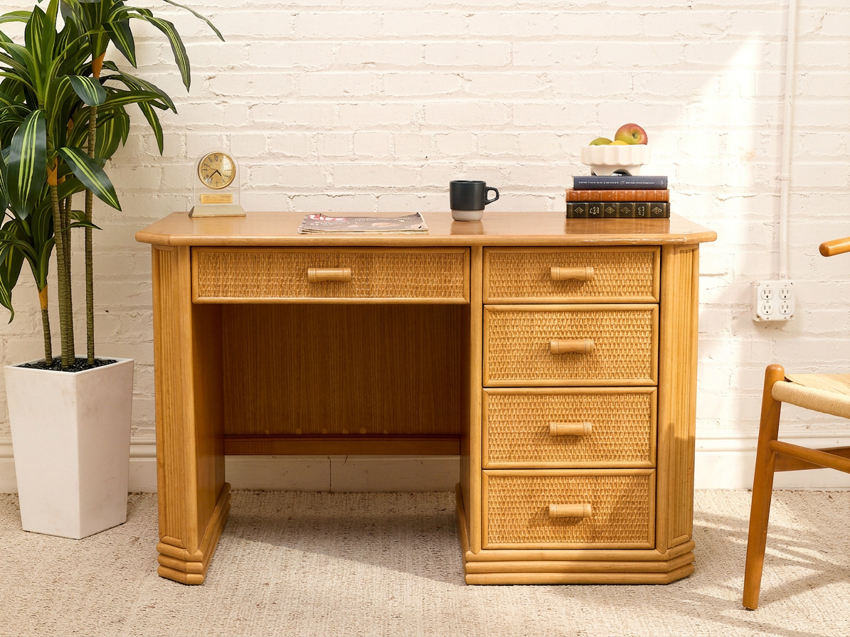 Vintage Coastal Rattan Writing Desk with Woven Drawer Fronts
