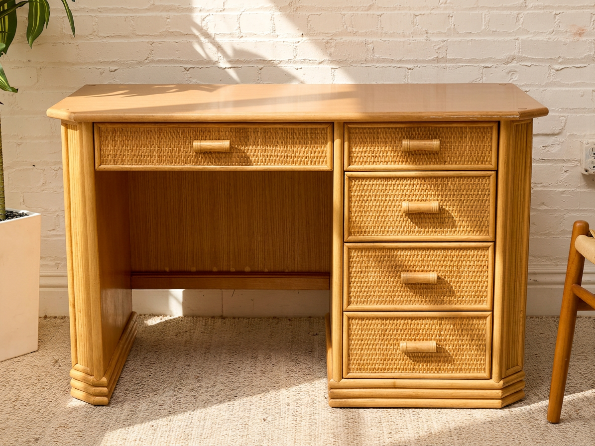 Vintage Coastal Rattan Writing Desk with Woven Drawer Fronts