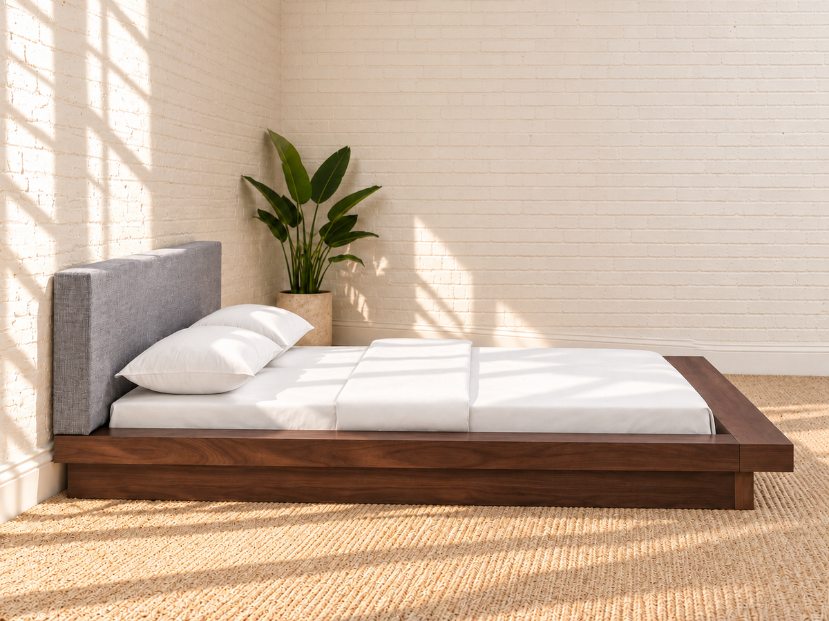 Hugo Walnut Queen Platform Bed in Slate Gray