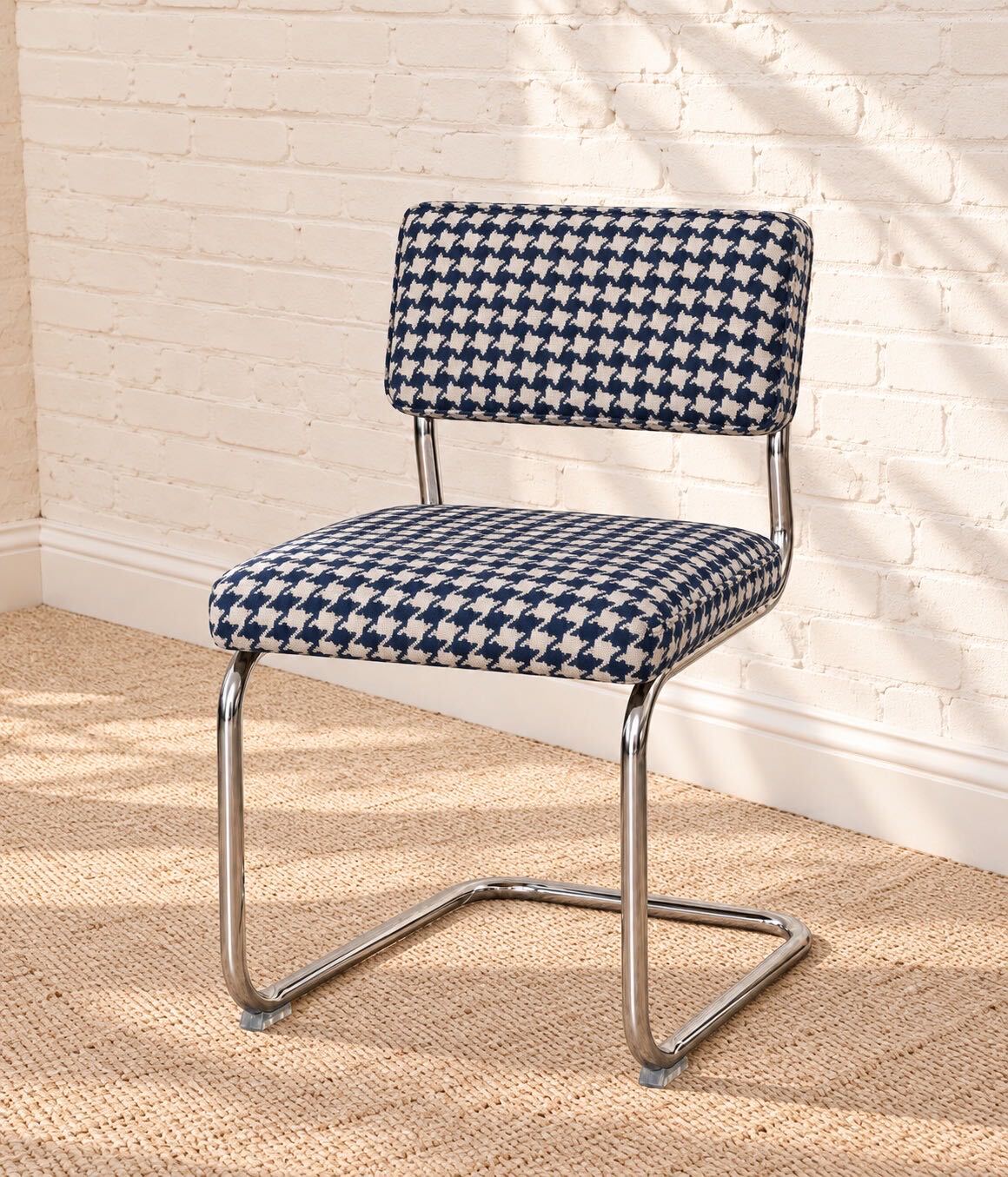 70s Style Chrome Cantilever Dining Chair in Navy Houndstooth Chenille