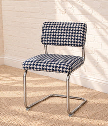 70s Style Chrome Cantilever Dining Chair in Navy Houndstooth Chenille