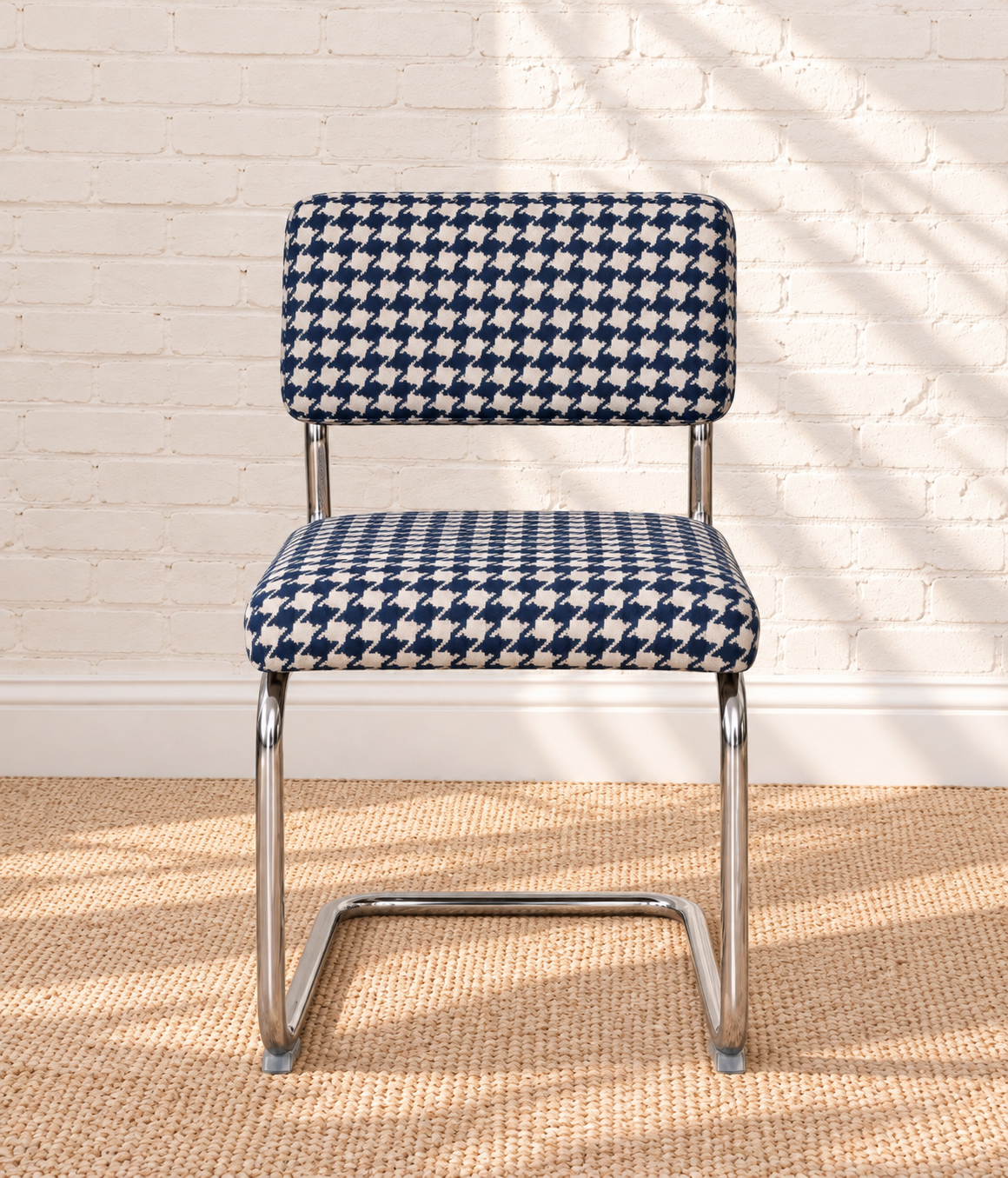 70s Style Chrome Cantilever Dining Chair in Navy Houndstooth Chenille