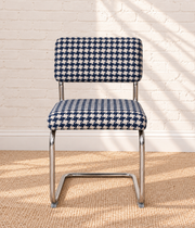 70s Style Chrome Cantilever Dining Chair in Navy Houndstooth Chenille