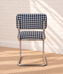 70s Style Chrome Cantilever Dining Chair in Navy Houndstooth Chenille