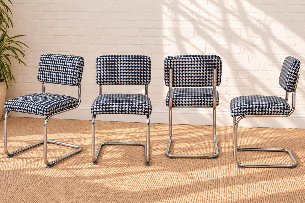70s Style Chrome Cantilever Dining Chair in Navy Houndstooth Chenille