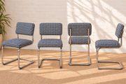 70s Style Chrome Cantilever Dining Chair in Navy Houndstooth Chenille