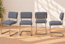 70s Style Chrome Cantilever Dining Chair in Navy Houndstooth Chenille