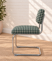 70s Style Chrome Cantilever Dining Chair in Green Houndstooth Chenille