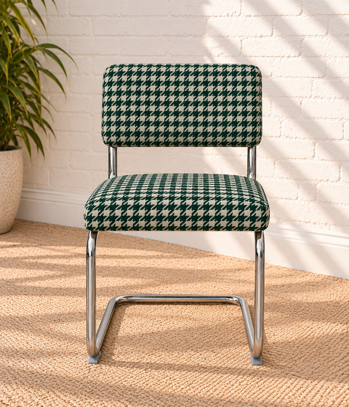 70s Style Chrome Cantilever Dining Chair in Green Houndstooth Chenille