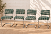 70s Style Chrome Cantilever Dining Chair in Green Houndstooth Chenille