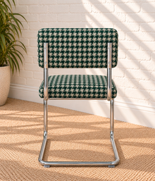 70s Style Chrome Cantilever Dining Chair in Green Houndstooth Chenille