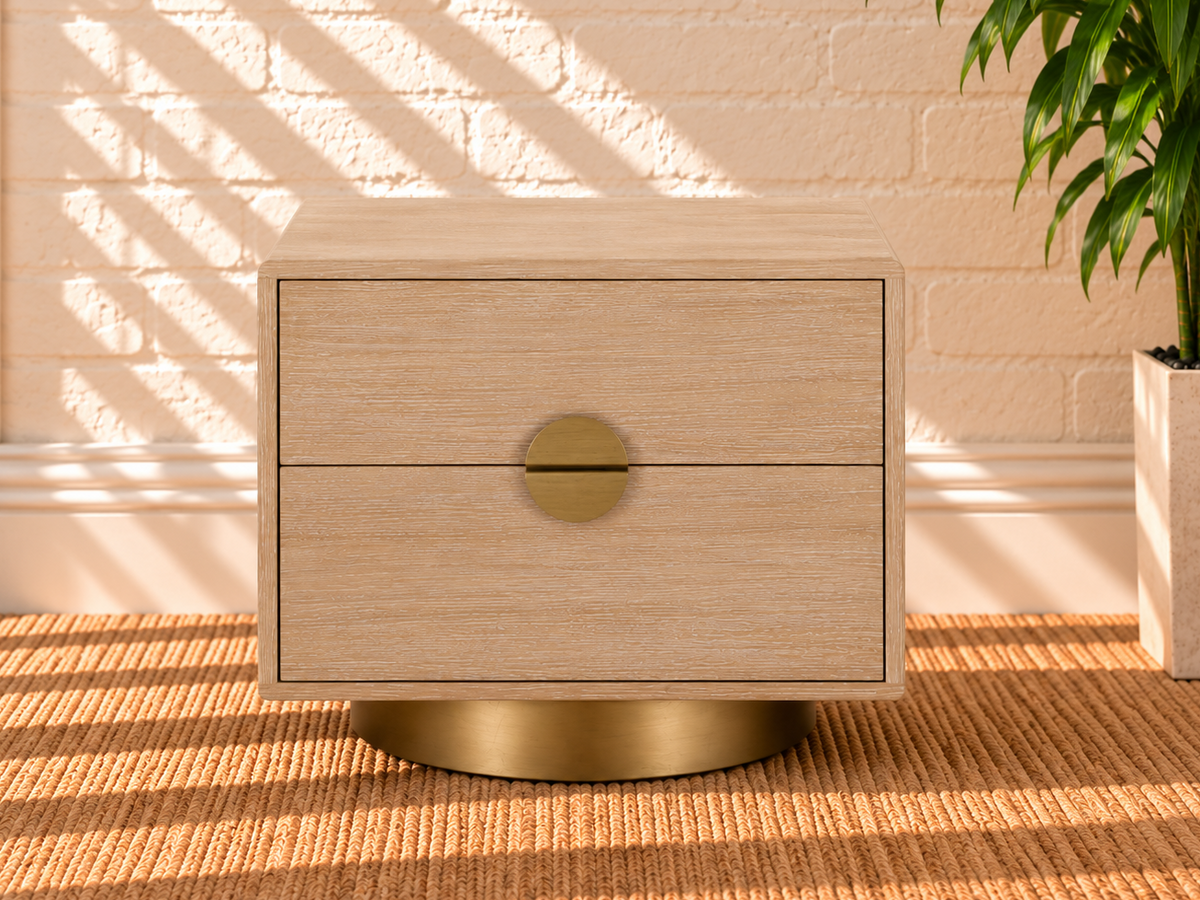 Jimena 2-Drawer Nightstand in Blonde Oak with Brass Metal Accents