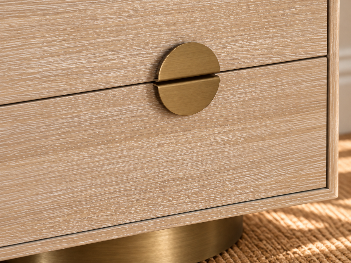 Jimena 2-Drawer Nightstand in Blonde Oak with Brass Metal Accents