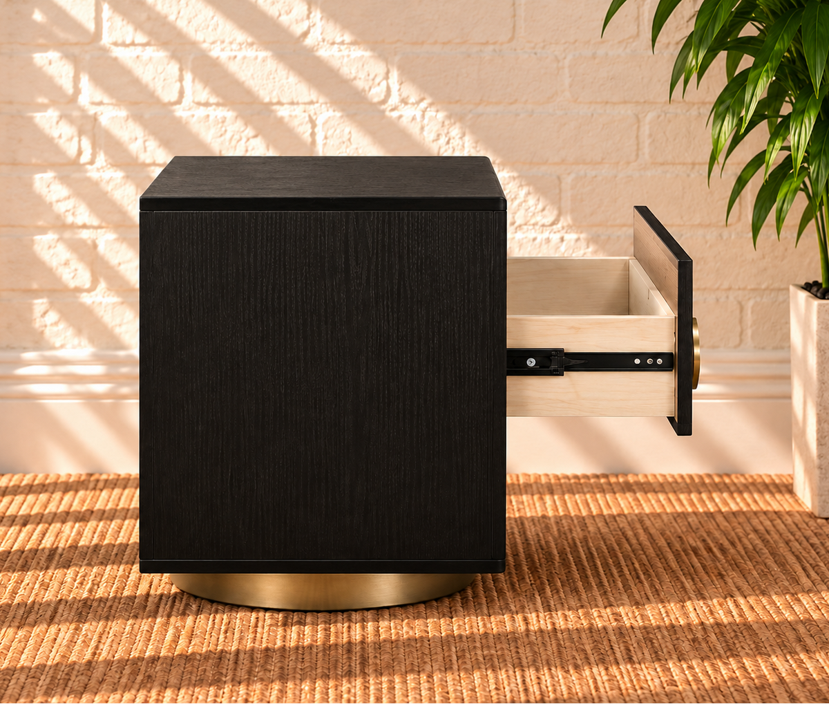 Jimena 2-Drawer Nightstand in Charcoal with Brass Metal Accents